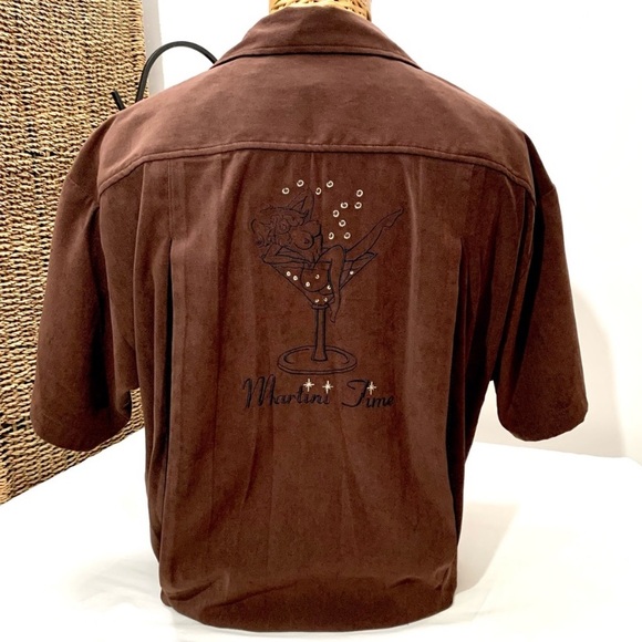 Vintage “Martini Time" embroidered brown ultra suede S/S party shirt- XXL - Picture 3 of 13